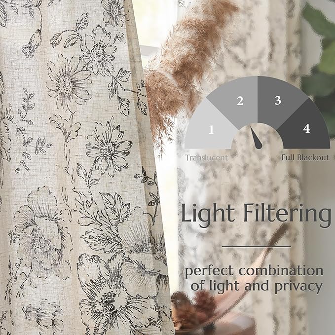 jinchan Lined Linen Blend Curtain Floral Curtains for Living Room 96 Inches Long Black Peony Flower Printed Curtain Back Tab Farmhouse Patterned Drapes Bedroom Window Curtains Set 2 Panels