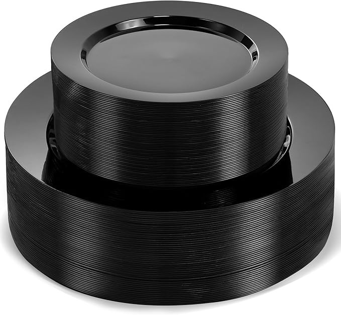 100 PCS Black Plastic Plates, Plastic Black Disposable Plates Include 50 10 inch Dinner Plate and 50 7 inch Dessert Plate, New Year black plates Perfect for Party, Wedding