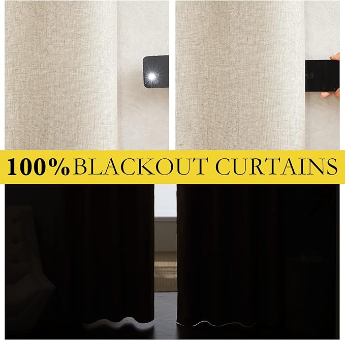 NICETOWN 100% Absolutely Blackout Linen Curtains with Thermal Insulated White Liner, 52" W, 2 PCs, Beige, 108" Long Drapes Sweep The Floor Decorative Keep Privacy Panels for Living Room/Villa/Bedroom