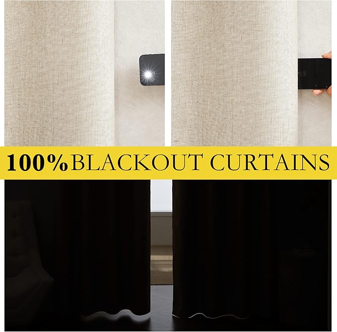 NICETOWN 100% Blackout Linen Texture Curtains 70" Long, Beige, 2 Pcs, Thermal Insulated Full Blackout 2-Layer Lined Drapes, Energy Efficiency Window Draperies for Boy's Room
