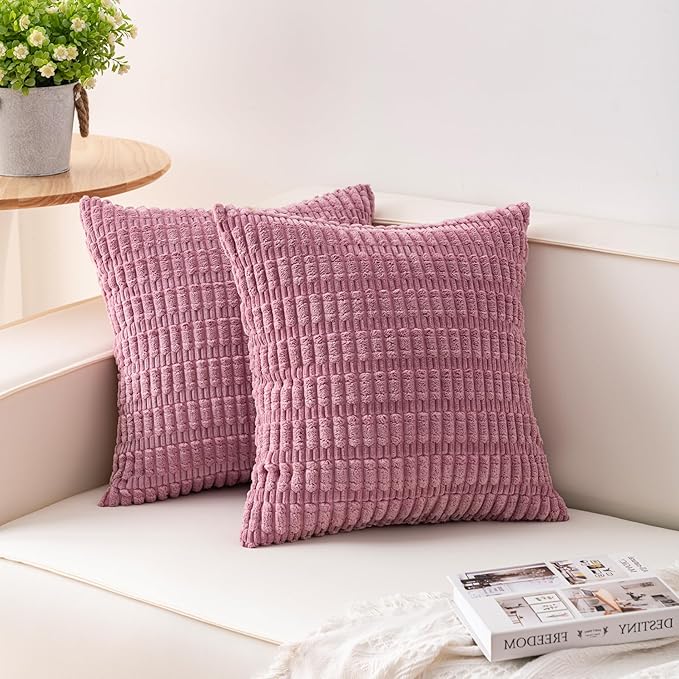 Pack of 2 Corduroy Decorative Throw Pillow Covers 18x18 InchSoft Boho Striped Pillow Covers Modern Farmhouse Home Decor for Sofa Living Room Couch Bed（Pink）