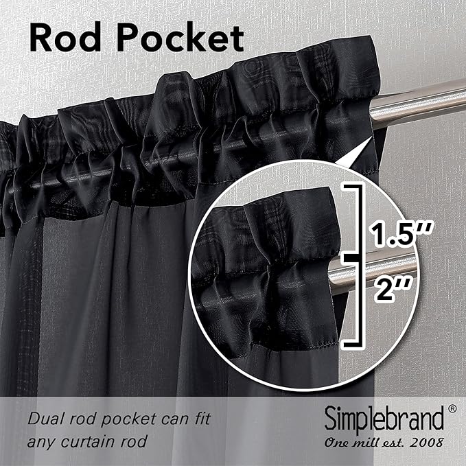 Simplebrand Black Sheer Curtains 90 Inches Long, Light Filtering Rod Pocket Solid Color Window Sheer Curtain Panels, Elegant Curtains & Drapes for Living Room, Bedroom 2 Panels (Black, 42" W x 90" L)