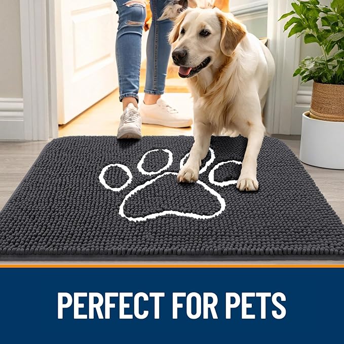 OLANLY Dog Door Mat for Muddy Paws 70x32, Paw Print Design, Absorbs Moisture and Dirt, Absorbent Non-Slip Washable Doormat, Quick Dry Chenille Mud Mat for Dogs, Entry Indoor Entryway Carpet, Dark Grey