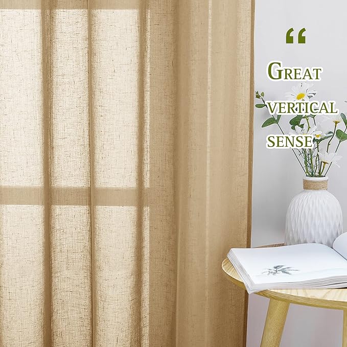 NICETOWN Linen Curtains 45 inch Length for Bathroom, Ring Top Semi Sheer Drapes Privacy with Light Through Window Treatments for Bedroom/Kids Room, Camel, W52 x L45, 2 Pieces
