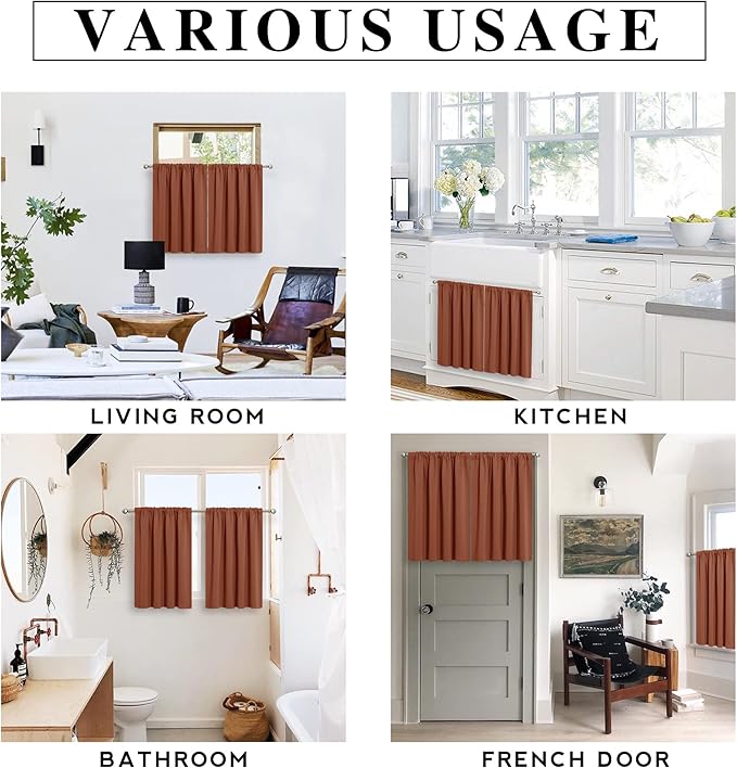 RYB HOME Blackout French Door Window Curtain Covering, Rod Pocket Thermal Insulated Privacy Non See Through Drapes for Bathroom Window, Width 29 by Length 45, Burnt Orange, 2 Panels