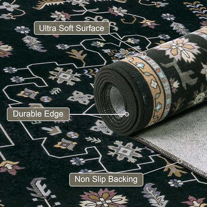 Area Rugs 10x14 Living Room Rug: Washable Rug Soft Vintage Boho Medallion Carpet Indoor Floor Non-Slip Stain Resistant Large Carpets for Bedroom Dining Room Farmhouse Nursery Home Office Black