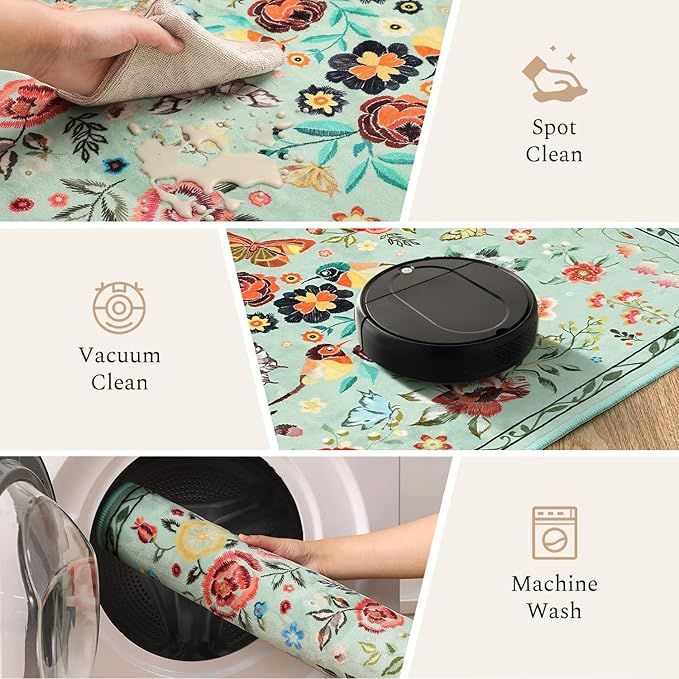 Rugflix 2x6 Runner Rug for Hallway, Washable Kitchen Runner Non Slip, Soft Low Pile Entryway Carpet, Vintage Floral Stain Resistant Long Laundry Room Rugs for Bedroom, Stairs, Green