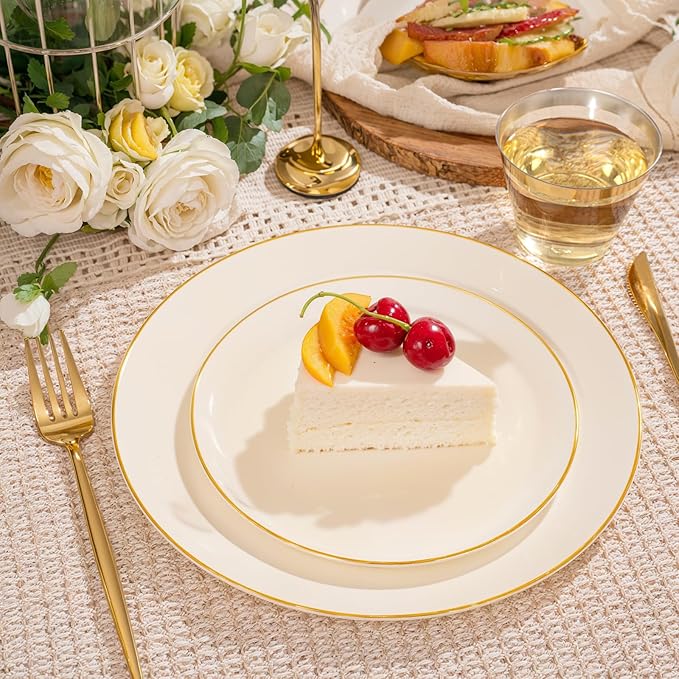bUCLA 150PCS Ivory Plastic Plates with Gold Trim - Heavy Duty Cream Plastic Disposable for Party & Wedding - Include 25 Each（Dinner & Dessert） Plates, 25 Knives, 25 Forks, 25 Spoons & 25 Cups