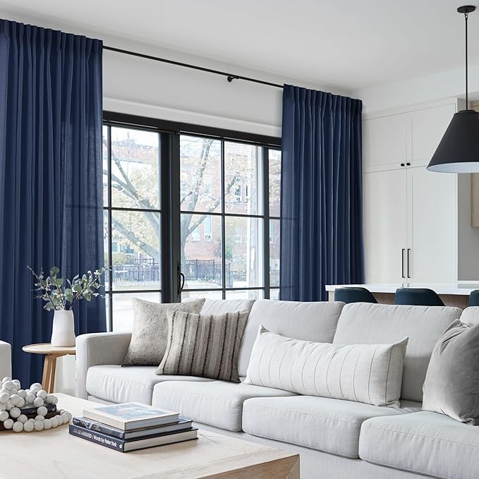 Navy Blue Curtains 105 inch Length for Bedroom Back Tab Light Filtering Semi Sheer Blue Living Room Curtains Linen Cotton Textured Indigo Blue Drapery Panel Modern Farmhouse Aesthetic Decor Dark Blue