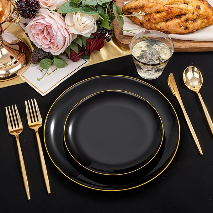 bUCLA 150PCS Black and Gold Plastic Plates - Black Gold Plastic Dinnerware Set Disposable - Include 25 Dinner / 25 Dessert Plates, 25 Knives, 25 Forks, 25 Spoons, 25 Cups, Ideal for Party & New Year
