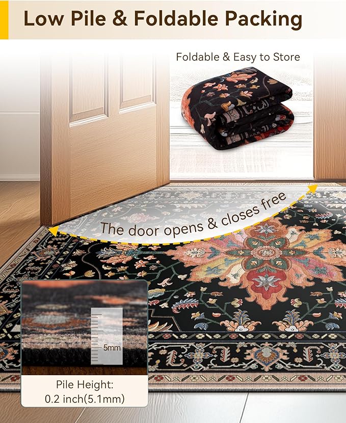 Area Rugs 3'x9' Runner Rug Non Slip Washable for Kitchen Hallway Bedroom Beside Laundry Room Bathroom Rug, Floor Carpet, Black Colorful Floral Dark Tan