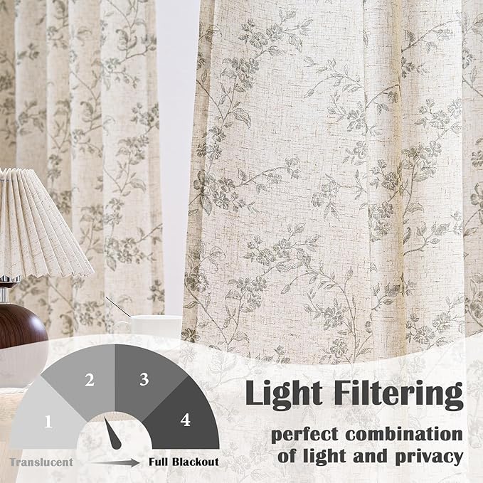 Lazzzy Farmhouse Linen Curtains Extra Long Gray Floral Curtains 108 Inch Long Back Tab Drapes for Living Room Bedroom Light Filtering Country Vintage Rod Pocket, 2 Panels, Grey on Beige
