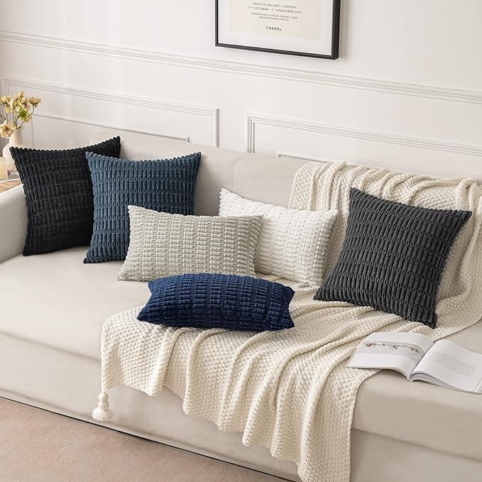 MIULEE Pack of 2 Corduroy Decorative Throw Pillow Covers 16x16 Inch Soft Boho Striped Pillow Covers Modern Farmhouse Home Decor for Sofa Living Room Couch Bed Dark Grey