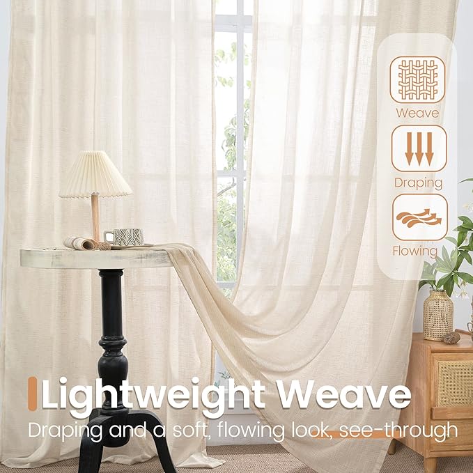 BGment Oatmeal Linen Semi Sheer Curtains 72 Inch Length for Living Room - Rod Pocket Light Filtering Window Drapes Natural Textured for Bedroom Farmhouse Lightweight, 2 Panels Set, 52 X 72 Inch