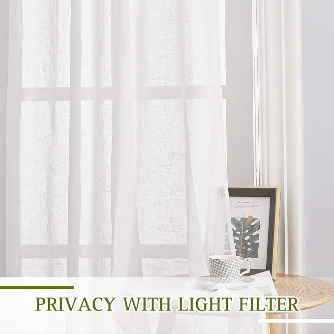 NICETOWN White Sheer Linen Curtains for Living Room 84 inch Length 2 Panels Set, Grommet Semi Sheer Privacy with Light Filtering Flax Window Treatments for Bedroom, W52 x L84