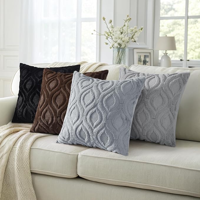 decorUhome Throw Pillow Covers 16x16 Inch Set of 2, Soft Plush Faux Wool Blue Grey Solid Couch Pillow Covers, Accent Farmhouse Neutral Square Pillow Cases for Sofa Bed Living Room