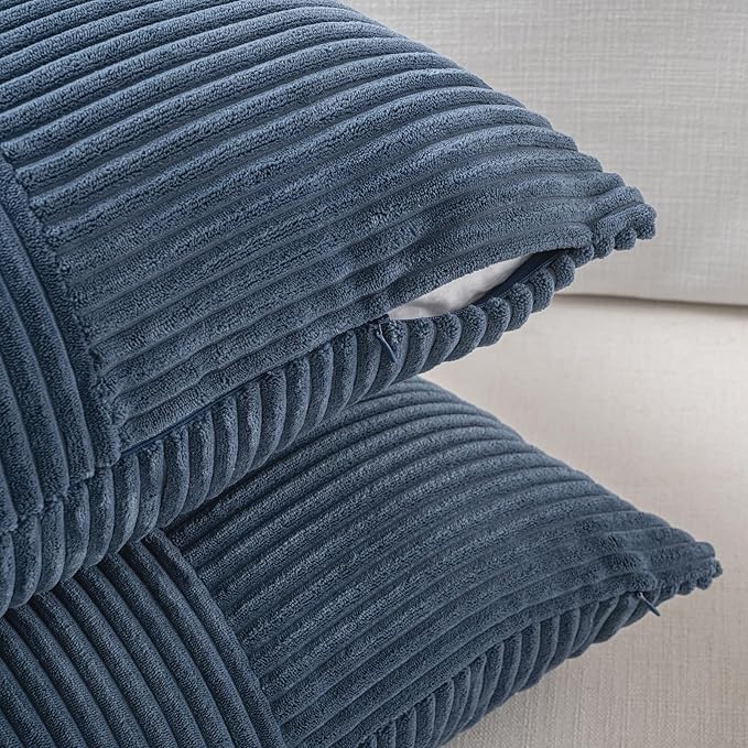 Fancy Homi 2 Packs Dusty Blue Lumbar Decorative Throw Pillow Covers 14x22 Inch for Couch Bed Sofa, Rustic Farmhouse Boho Home Decor, Soft Striped Corduroy Rectangle Accent Cushion Case 35x55 cm