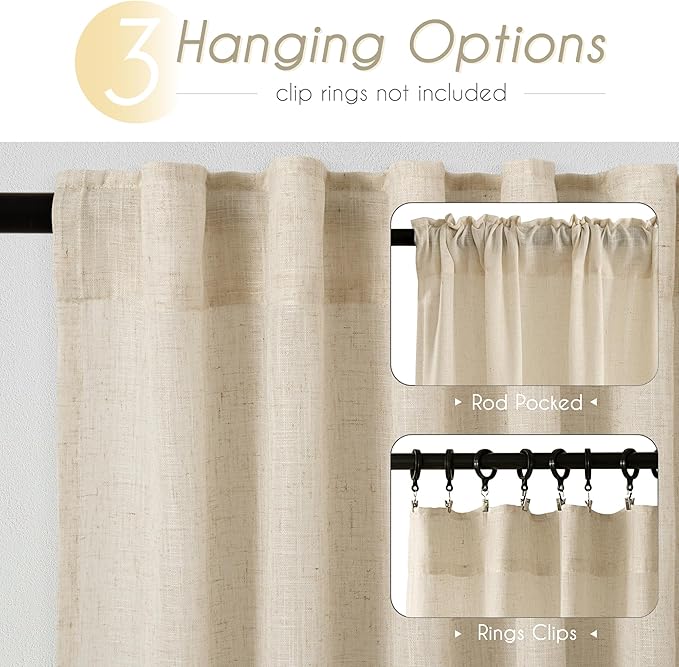 Greyish Beige Linen Curtain 108 inch Length 2 Panels Set Back Tab Light Filtering Living Room Curtain Drapes Home Office Modern Minimalist Decor Farmhouse Boho Neutral Semi Sheer Curtain 108 inch Long