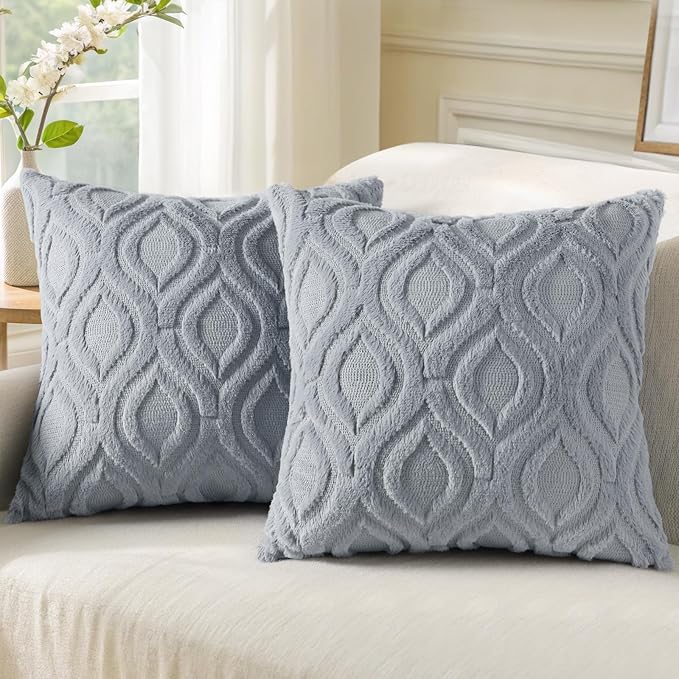 decorUhome Throw Pillow Covers 16x16 Inch Set of 2, Soft Plush Faux Wool Blue Grey Solid Couch Pillow Covers, Accent Farmhouse Neutral Square Pillow Cases for Sofa Bed Living Room