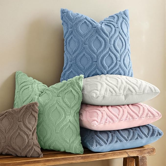 decorUhome Throw Pillow Covers 18x18 Inch Set of 2, Soft Plush Faux Wool Blue Solid Couch Pillow Covers, Accent Farmhouse Neutral Square Pillow Cases for Sofa Bed Living Room