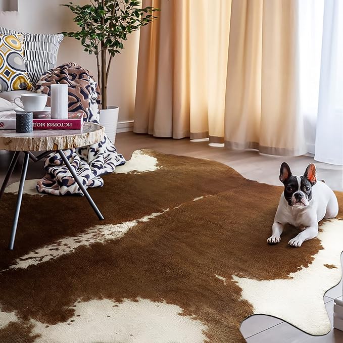 AROGAN Premium Faux Cowhide Rug 6.2 x 5.2 Feet, Sturdy and Large Size Cow Print Rugs, Suitable for Bedroom Living Room Western Decor, Faux Fur Animal Cow Hide Carpet, Brown