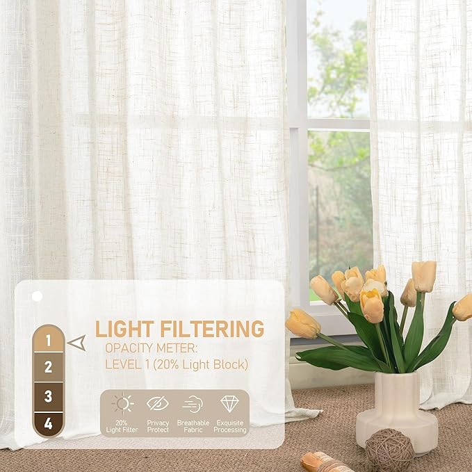 LAMIT Cream Linen Curtains 63 Inch for Bedroom, Ivory Light Filtering Neutral Semi Sheer Window Boho Curtains Back Tab and Rod Pocket Panels for Living Room, 2 Panels, 34 x 63 Inch