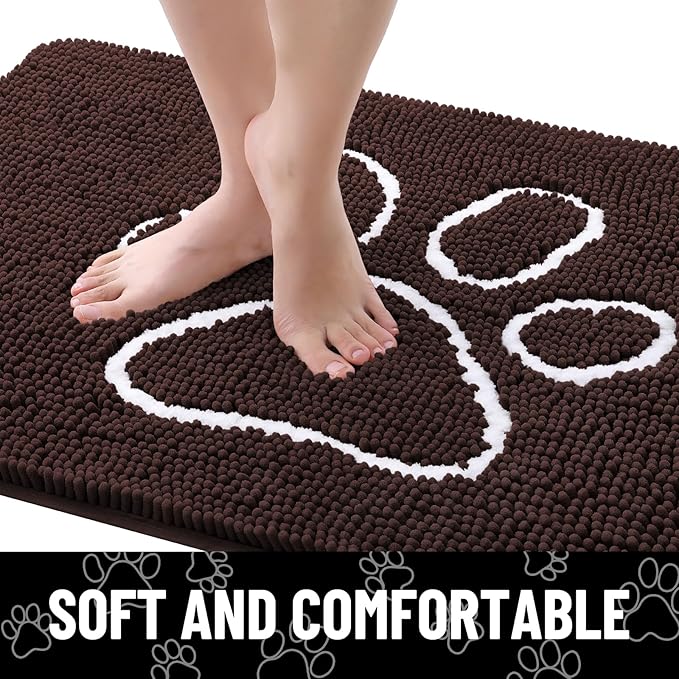 Smiry Dog Door Mat for Muddy Paws, Absorbent Dirt Trapper Non Slip Quick Dry Washable Chenille Mat for Mud Dogs, Entry Rug for Indoor and Outdoor (70x32 Inches, Brown and White)