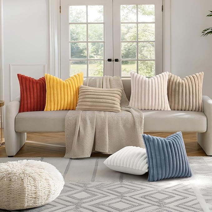 decorUhome Summer Cozy Faux Fur Throw Pillow Covers 16x16 Set of 2 Decorative Soft Plush Striped Modern Farmhouse Boho Couch Pillow Cases with Velvet Back for Sofa Bed Living Room, Cream White