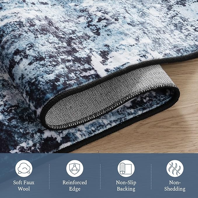 Rugflix 2x6 Runner Rug for Entryway, Kitchen Rugs Soft Non-Slip Washable Runners for Hallway, Abstract Small Carpet with Non-Slip Backing for Bedroom, Living Room, Navy Blue/Black