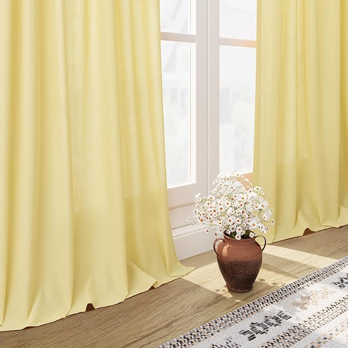 Yellow Linen Curtains 102 Inches Long for Living Room 2 Panel Set Back Tab Rod Pocket Semi Sheer Curtain Light Filtering Burlap Extra Long Drapes Neutral Farmhouse Decor for High Window 52x102