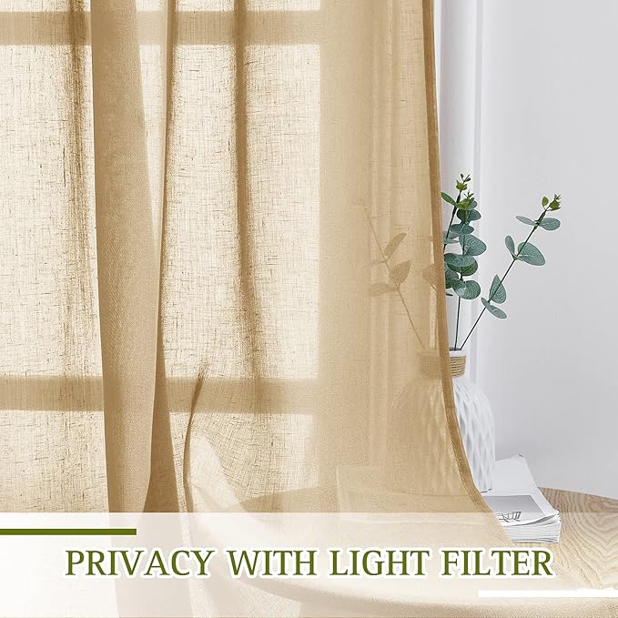 NICETOWN Linen Blend Semi Sheer Curtains for Boys Bedroom, Grommet Semitransparent Privacy with Light Filtering Window Drapes for Bedroom/Living Room, Camel, W36 x L63, 2 Pieces