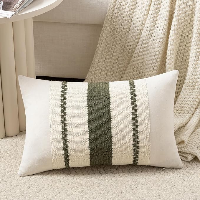 Fancy Homi Set of 1 Boho Olive Green Lumbar Decorative Throw Pillow Cover 12x20 Inch for Couch Bed Sofa Chair, Modern Organic Farmhouse Home Decor, Soft Cotton Cute Accent Rectangle Cushion Case
