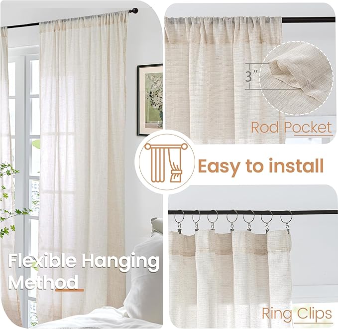 BGment Linen Curtains 96 Inches Long for Living Room, Oatmeal Window Drapes Rustic Country Textured for Farmhouse Beroom Dining Room Decor Rod Pocket Lightweight, 2 Panels Set, Each 52 Inch Wide
