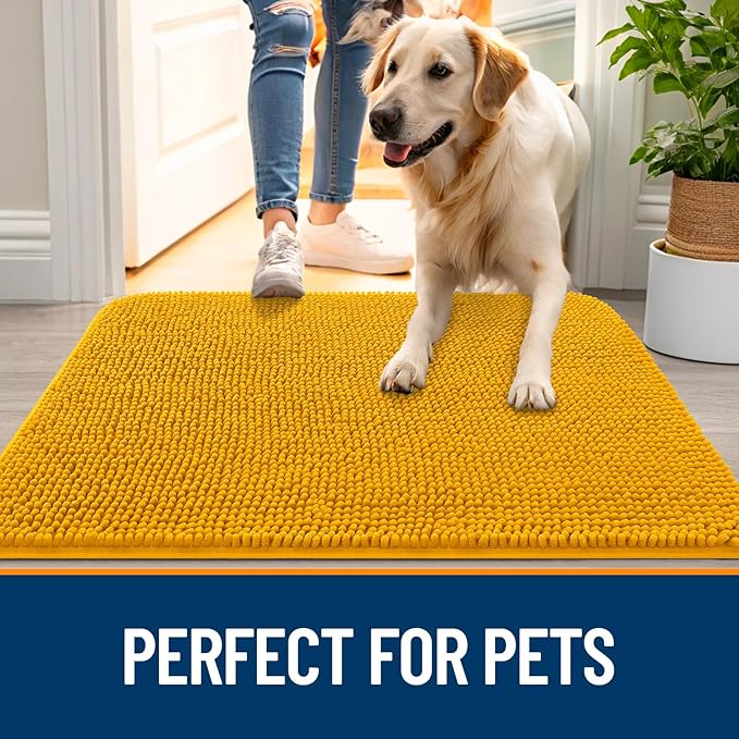 OLANLY Dog Door Mat for Muddy Paws 50x30, Absorbs Moisture and Dirt, Absorbent Non-Slip Washable Doormat, Quick Dry Chenille Mud Mat, Entry Indoor Entryway Carpet for Inside Floor, Golden Yellow