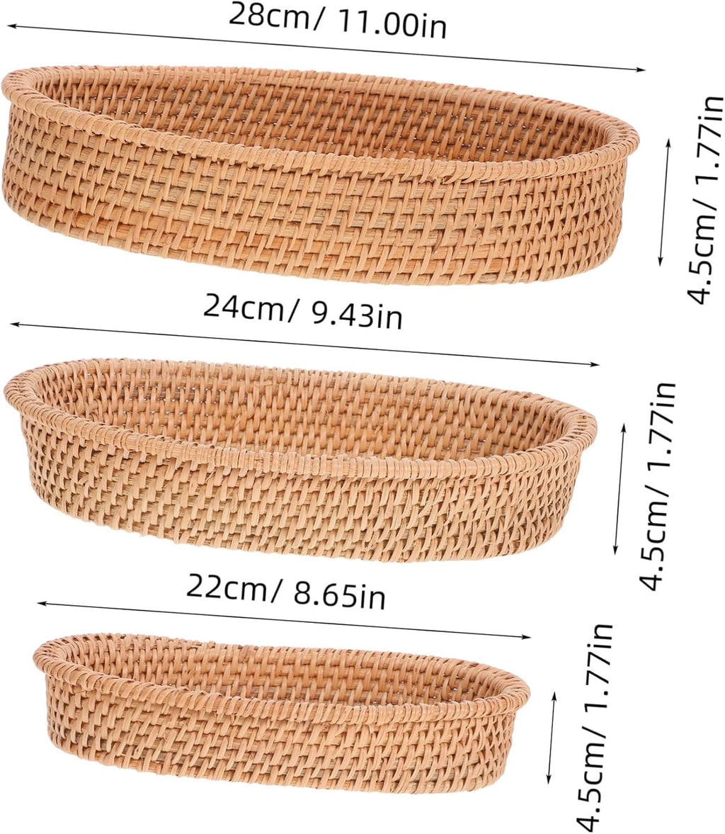 VANZACK 3pcs Oval Handmade Rattan Bread Baskets Natural Woven Fruit Tabletop Storage Bowls Compact Kitchen Organizer Tray for Snacks and Small Essentials