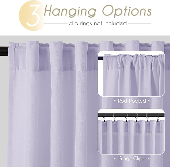 Lavender Back Tab Linen Curtains 102 Inches Length for Bedroom Living Room Semi Sheer Privacy Light Filtering Drapes Farmhouse Boho Texture Window Treatment Sets Violet Purple 52ﾗ102