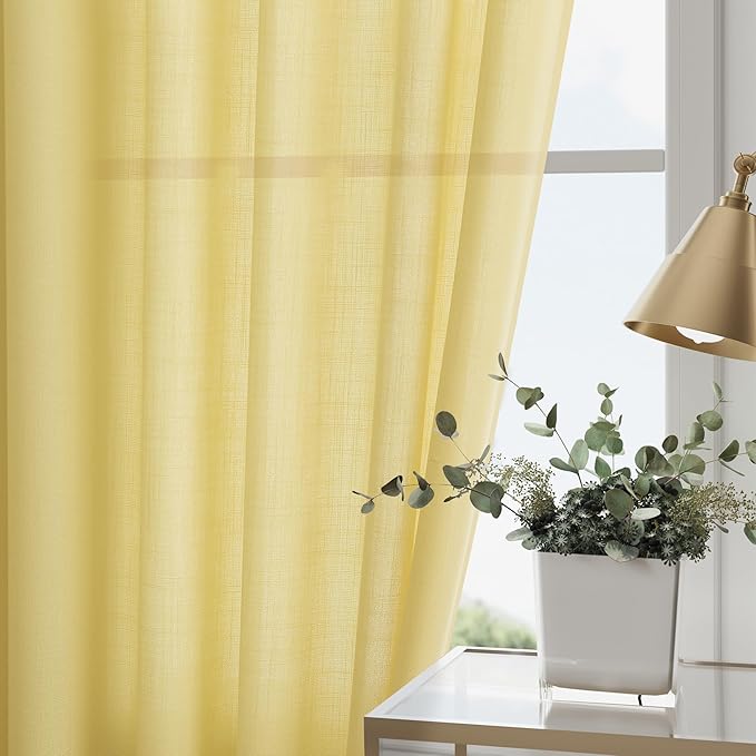 Yellow Linen Semi Sheer Curtains 120 Inches Long 2 Panels Set Back Tab Loop Pocket Linen Blend Boho Decor Large Window Curtain Extra Long Light Filtering Drapes High Ceiling for Living Room 52x120