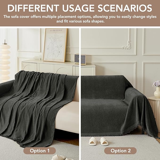 Couch Cover for Dogs, Boho Sofa Covers for 3 Cushion Couch, Chenille Sofa Slipcover for Pets Washable, L-Shape Sectional Couch Cover Soft Throw Blankets with Tassels(91x118,Charcoal Grey)