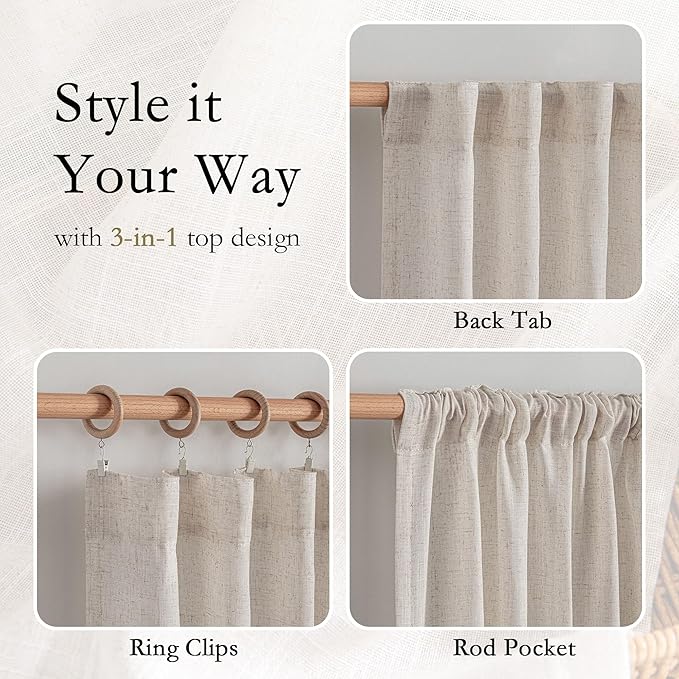 MYSKY HOME Natural Linen Curtains for Bedroom Living Room, Semi Sheer Curtains & Drapes 84 inches Length Farmhouse Country Style Back Tab Draperies for Sliding Glass Door, 100" Wide, 1 Panel
