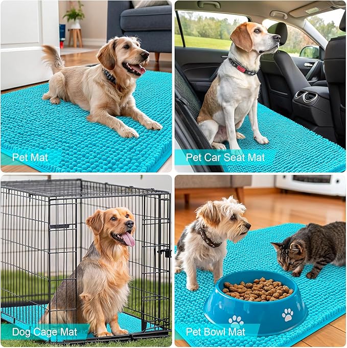 OLANLY Dog Door Mat for Muddy Paws 54x24, Absorbs Moisture and Dirt, Absorbent Non-Slip Washable Doormat, Quick Dry Chenille Mud Mat for Dogs, Entry Indoor Entryway Carpet for Inside Floor, Aqua Blue