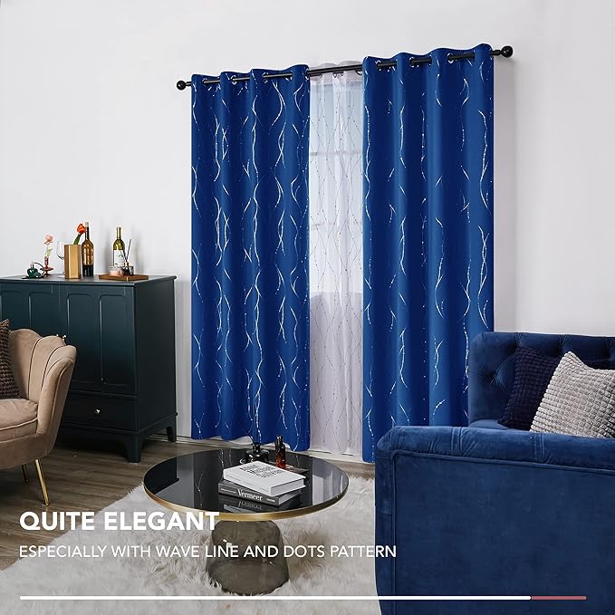 Deconovo Blackout Curtains, 52 x 72 Inch Drapes for Living Room with Wave Dots Silver Print, Soundproof Thermal Insulated Window Curtain for Bedroom Nursery, Set of 2, Machine Washable, Royal Blue