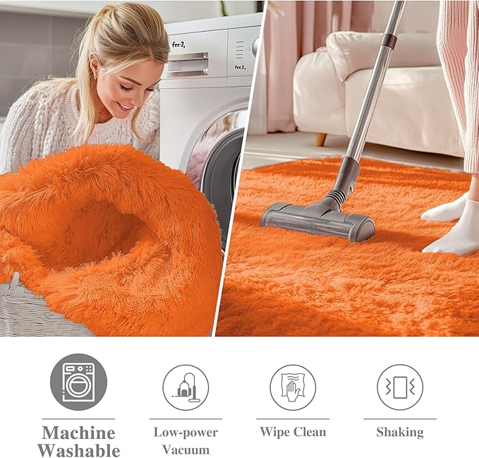 OLANLY Orange Round Rugs for Bedroom - Machine Washable, 3 ft Circle Area Rugs for Living Room, Soft and Fluffy Shaggy Carpet for Teen Girl and Boys, Nursery Rooms, Dorms, Home Decor Aesthetic