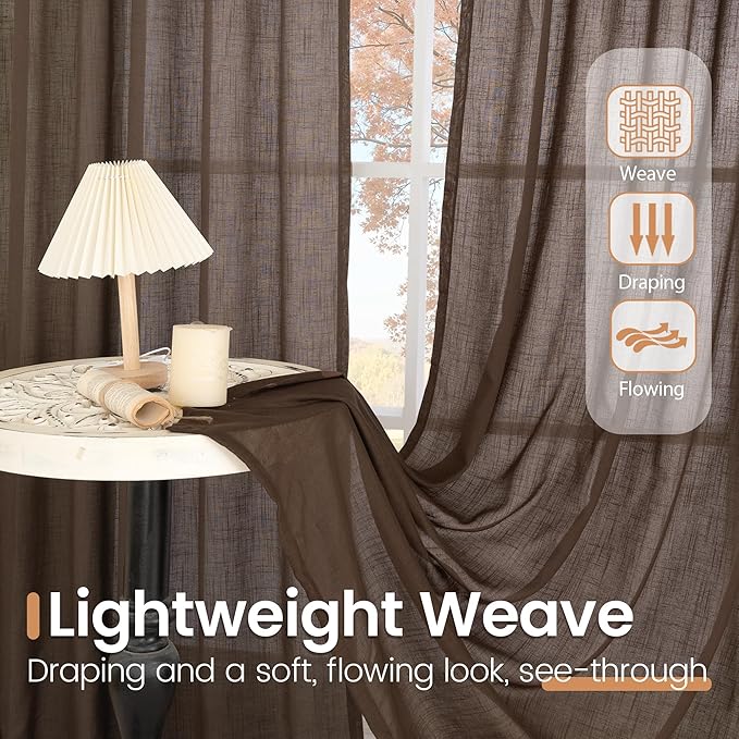 BGment Brown Linen Curtains 84 Inch Length 2 Panels for Living Room Windows, Chocolate Semi Sheer Drapes Textured with Rod Pocket for Farmhouse Bedroom Dining Decor Lightweight, Each 52 Inch Wide