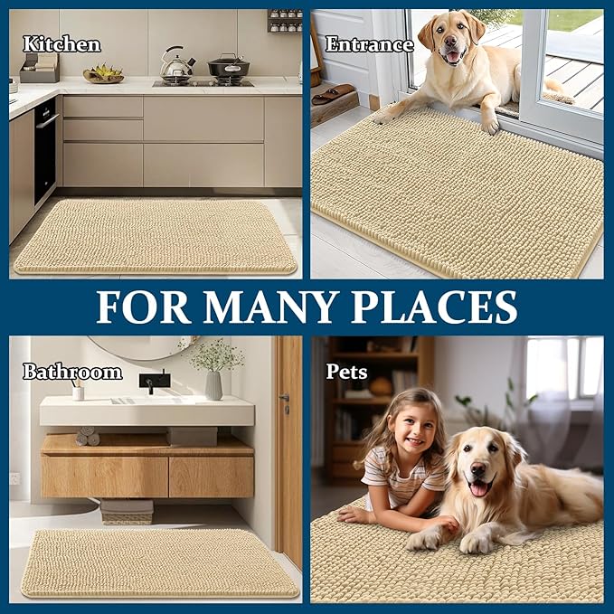 OLANLY Dog Door Mat for Muddy Paws 47x17, Absorbs Moisture and Dirt, Absorbent Non-Slip Washable Doormat, Quick Dry Chenille Mud Mat for Dogs, Entry Indoor Entryway Carpet for Inside Floor, Sand