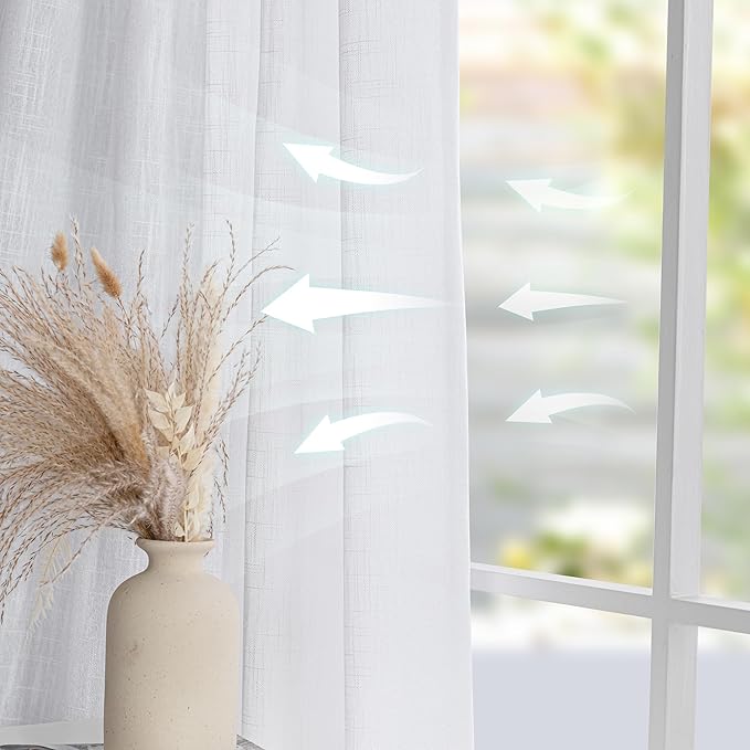 MYSKY HOME Patio White Curtains for Sliding Door, Living Room Curtains & Drapes Soft Cotton Farmhouse Window Treatments 90 inch Length 1 Panel Set Linen Look Semi Sheer Draperies, 100" W x 90" L