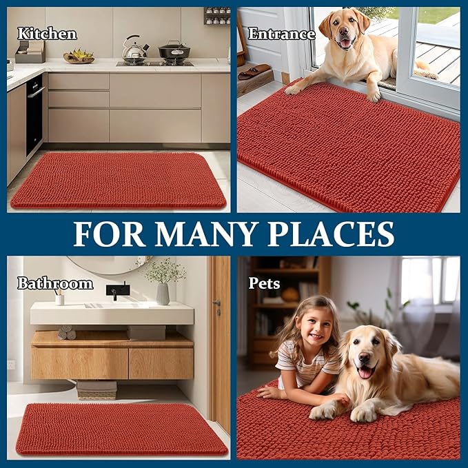 OLANLY Dog Door Mat for Muddy Paws 34x21, Absorbs Moisture and Dirt, Absorbent Non-Slip Washable Doormat, Quick Dry Chenille Mud Mat for Dogs, Entry Indoor Entryway Carpet for Inside Floor, Maple Red