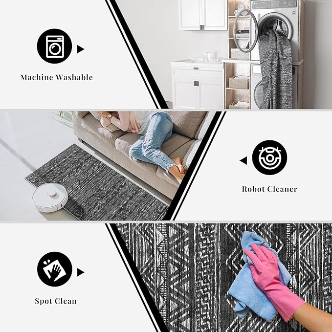3x10 Washable Hallway Runner Rug - Moroccan Non-Slip Long Runners for Entryway Soft Modern Geometric Low-Pile Rugs for Kitchen Waterproof Neutral Carpet for Bedrooom Bathroom Laundry 3x10 Black