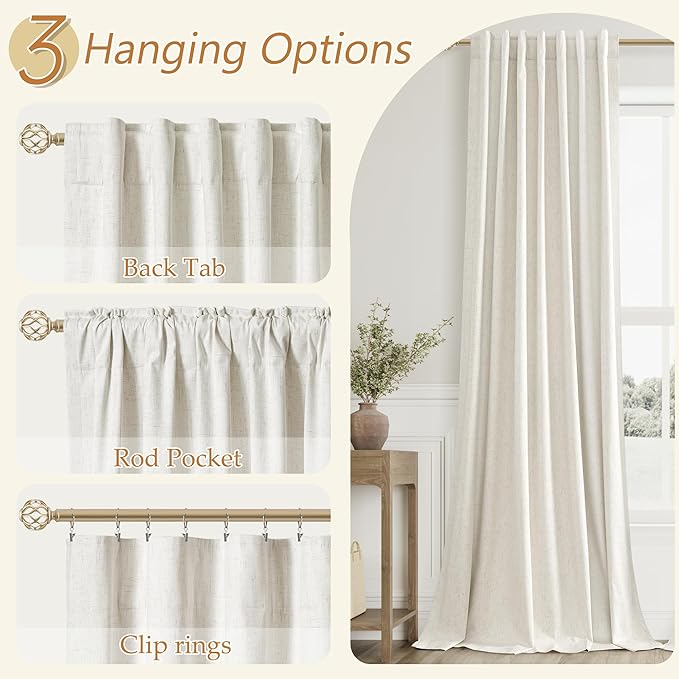 Guken Cream 100% Blackout Linen Curtains 90 Inch Length 2 Panels Set for Living Room Bedroom Back Tab Thermal Insulated Black Out Drapes Room Darkening Farmhouse Style Window Curtains 52x90