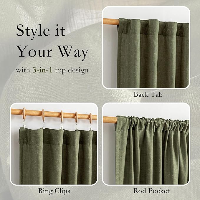 MYSKY HOME 96 Inches Semi Sheer Sliding Door Curtains Farmhouse Light Filtering Window Curtain Drapes for Patio Living Room, Extra Long Green Linen Curtains Bohemian, 50x96, Olive Green, 2 Panels