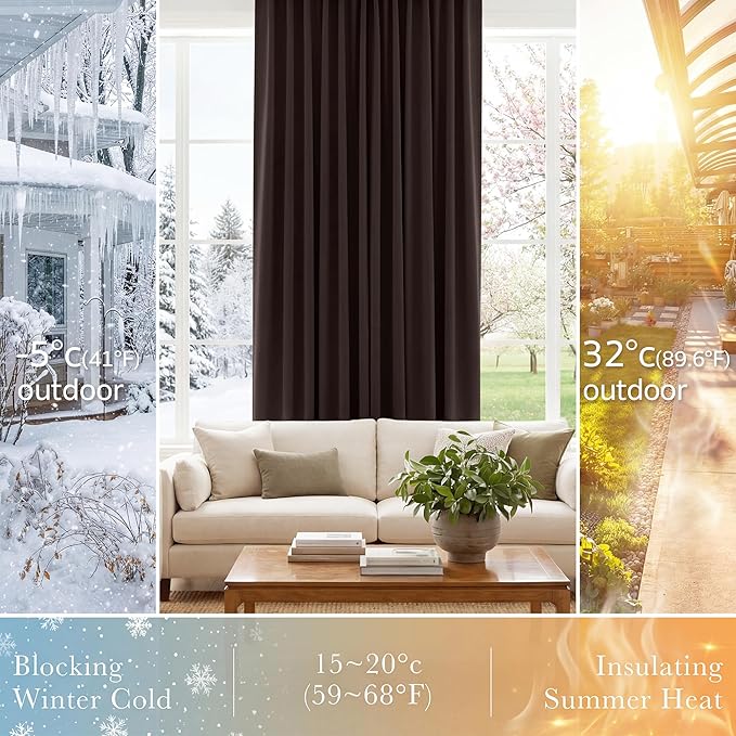 PONY DANCE Bedroom Blackout Curtains - 42 W x 72 L, Brown Window Draperies Thermal Insulated Back Tab/Rod Pocket Curtain Panels/Window Treatments Home Decoration, Double Pieces